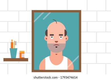 Hombre calvo de mediana edad mirando la pérdida de cabello en el espejo