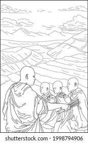 Bald monks in the mountains. Coloring book for adults. Tibetan monks. The teacher is a monk. School of monks. Ancient world. Black and white vector illustration.