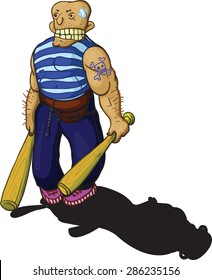 The bald, muscular, aggressive hooligan with two baseball bats