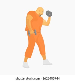 Bald Muscular Male Prisoner Lifting Dumbbells. Prison Gym Workout. Jail Activity. Big Muscle Thug. Weight Lifting. Prison Life. Tough Guy In Prison - Flat Vector Character Illustration.