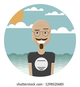 Bald mustache man in round glasses and in a t-shirt. He is smiling and standing on a tropical beach. Hipster tourist. Sea, waves, sun, great weather.Skeptical facial expression. Hipster on vacation.