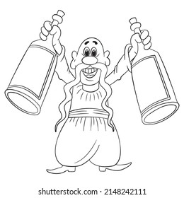 A bald, mustachioed man holds bottles with corks in his hands, cartoon, outline
