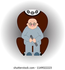 A bald old man in glasses sits in an armchair with a newspaper in his hands