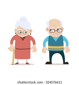 Bald old man in glasses and old woman with cane. Lovely old couple smiling each other. Vector illustration on white isolated background. Flat design, cartoon style. 