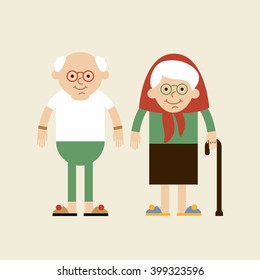 Bald old man in glasses and old woman with cane. Lovely old couple smiling each other. Vector illustration on white isolated background. Flat design, cartoon style. 