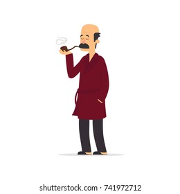 bald old man smoking a pipe. vector