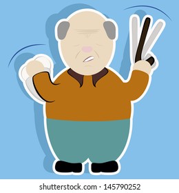 bald old man, tender arguing and waving the stick, on a blue background.