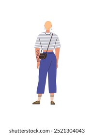 Bald person seen from the back, wearing a striped shirt, blue pants, and carrying a small crossbody bag. Visible tattoos on one arm. Ideal for fashion, street style, individuality, self-expression