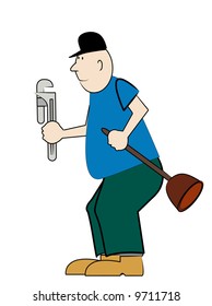 bald plumber with plunger and pipe wrench - vector