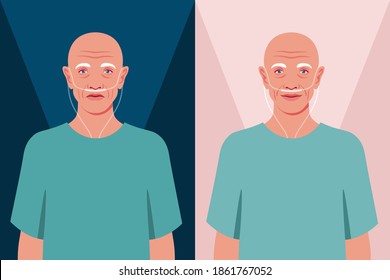 Bald senior man in the hospital. Old cancer patient with a nasal breathing tube. Health care for the elderly people. Coronavirus and respiratory therapy. Vector flat illustration