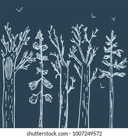 
bald sketched trees isolated on blue background. Autumn forest. Sketch for halloween
