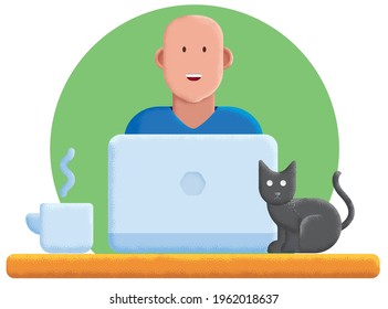 Bald white man working in home office