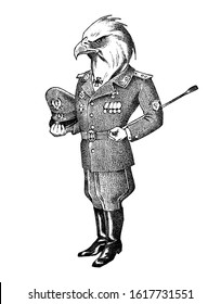 Bald white-headed eagle man in military uniform. Hand drawn fashionable cockerel. Engraved old monochrome sketch. Mythical fictional creature in hipster style.