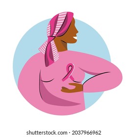 Bald woman in bandana with pink ribbon fight breast cancer, Pinktober concept, awareness month October. Female healthcare campaign. Faceless pink beautiful character. Flat vector cartoon illustration
