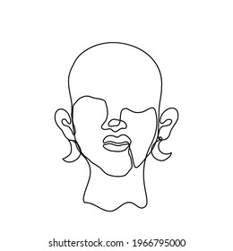 bald woman in crescent-shaped earrings - one closed line drawing. concept of female bald head with closed eyes wearing moon shaped earrings