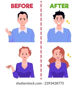 Bald woman and man before and after hair transplantation. Unhappy persons with hair loss problem, alopecia. Satisfied people with beautiful hair. Head baldness problem solving surgery, infographic