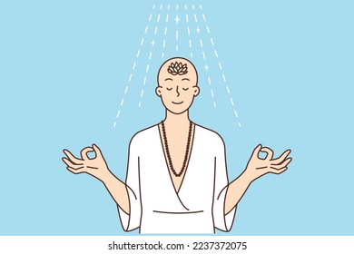 Bald woman with mudra hands meditate engaged in spiritual ritual. Religious calm female practice yoga relieve stress. Faith and spirituality. Vector illustration. 