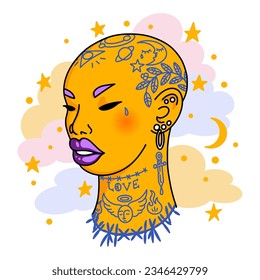 Bald Woman Portrait. Tattoo girl with botanical, space, sword on head and neck. Piercings and earrings, vibrant purple makeup. Avatar with cosmic, trendy female elements. Vector illustration 