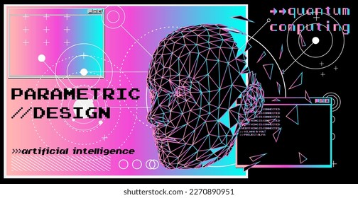 Bald woman silhouette made of a wireframe. Concept of parametric design and artificial intelligence. 