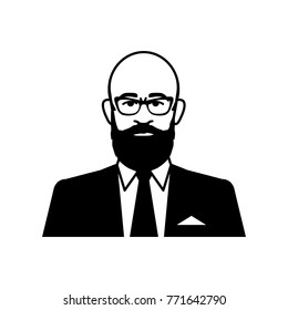 Bald Young Man with beard on Suit Wearing Glasses 