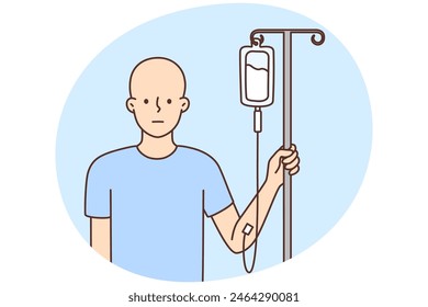 Bald young man with dropper with medication get chemo treatment in hospital. Sick male suffer from cancer receive medicament. Oncology. Vector illustration.