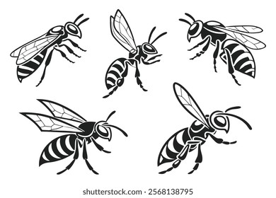 Bald-Faced Hornet Silhouettes in Distinct Styles on White Background