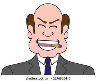 A balding cartoon businessman is grimacing while biting down on a bullet