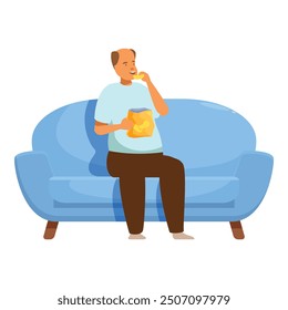 Balding man enjoying a bag of potato chips while relaxing on the sofa