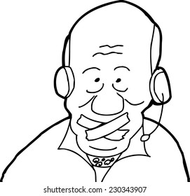 Balding man with headset and tape over mouth