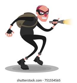 A balding thief in a mask with a flashlight on a white background