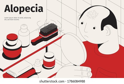 Baldness alopecia isometric background with editable text and character of balding man with mirror and shampoos vector illustration