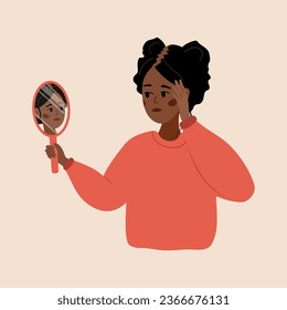 Baldness concept. Sad african woman loses her hair. Alopecia disease and problems of the scalp. Unhappy female character looking in mirror. Vector illustration in flat cartoon style.