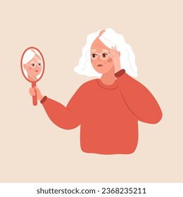 Baldness concept. Sad elderly woman loses her hair. Alopecia disease and problems of the scalp. Unhappy female character looking in mirror. Vector illustration in flat cartoon style.