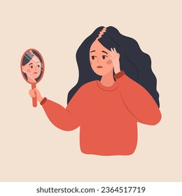 Concepto de calvicie. La mujer triste se pierde el pelo. Enfermedad de Alopecia y problemas del cuero cabelludo. Carácter femenino infeliz mirando al espejo. Ilustración vectorial al estilo de las caricaturas planas.