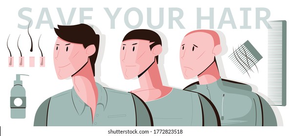 Baldness men flat composition with editable text and hair samples with human characters of balding men vector illustration