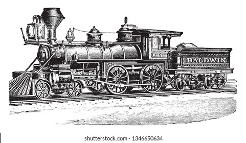 Baldwin engine works was an American builder of railroad locomotives, vintage line drawing or engraving illustration.