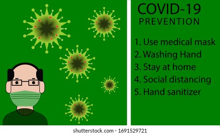 Baldy man with glasses using medical mask to prevent from covid-19 coronavirus infection. infographic of coronavirus prevention. vector illustration