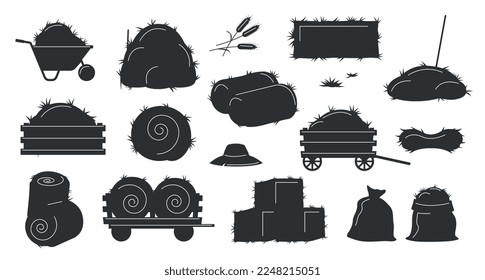 Bale of hay black set. Collection of silhouettes, minimalist creativity and art. Farming and agriculture, rustic landscape, village. Cartoon flat vector illustrations isolated on white background