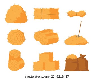 Bale de heno cultivando haycock. Colección de elementos gráficos para el sitio web. Agricultura y agricultura, alimentación para mascotas, vacas y caballos. Ilustraciones de caricaturas de vectores planos aisladas en fondo blanco