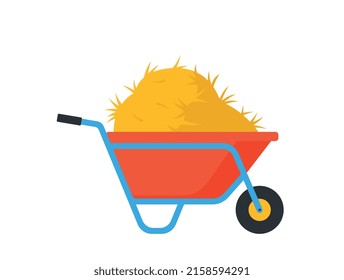 Bale of hay icon. Colorful sticker with dry straw or haystack in small garden wheelbarrow for harvesting. Agriculture or farming. Cartoon flat vector illustration isolated on white background