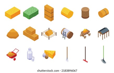 Bale of hay icons set isometric vector. Agriculture hay. Bale haystack