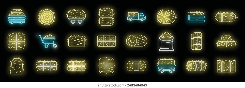 Bale of hay icons set outline vector. Agriculture bale. Dried haystack neon color on black