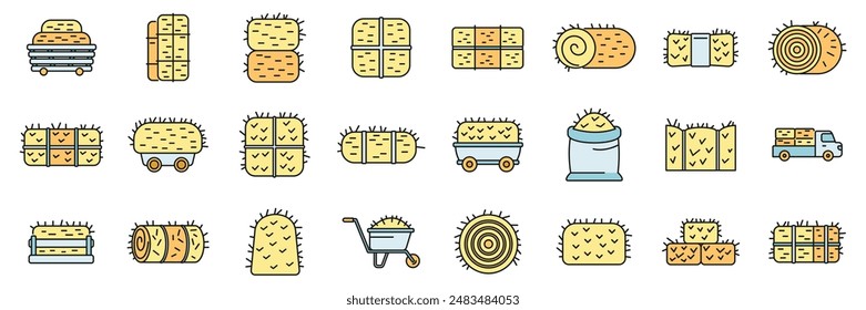 Bale of hay icons set outline vector. Agriculture bale. Dried haystack thin line color flat on white