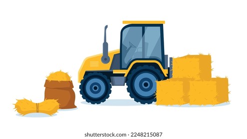 Bale of hay Tractor. Farming and agriculture. Transport with hay, inventory for cleaning the territory. Poster or banner for website. Cartoon flat vector illustration isolated on white background