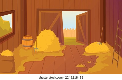 Bale of hay wooden barn. Poster or banner for website. Countryside and farming, harvest. Yellow spikelets, botany. Natural and organic food for animals concept. Cartoon flat vector illustration