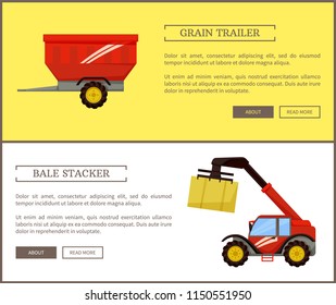 Bale stacker and grain trailer with space for crops. Transportation of production in container. Machine for dry hay storage and compression vector