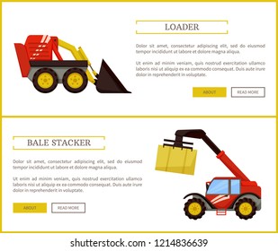 Bale stacker and loader set of posters with text. Agricultural machines for farming. Baler with cube of compressed dry hay cube transporting vector