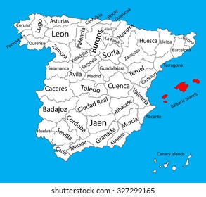 Baleares Islands map silhouette vector. Spain province. Spain with separated regions isolated on background. Spain autonomy areas map. Editable vector map of Spain.