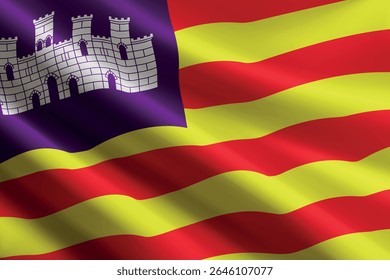 Bandeira das Ilhas Baleares acenando ao vento, textura de seda detalhada e realista. comunidade autônoma da Espanha
