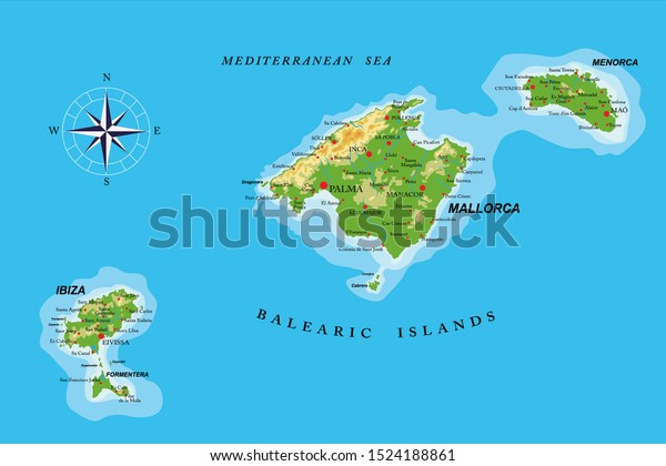 Balearic Islands On World Map Balearic Islands Highly Detailed Physical Map Stock Vector (Royalty Free)  1524188861 | Shutterstock